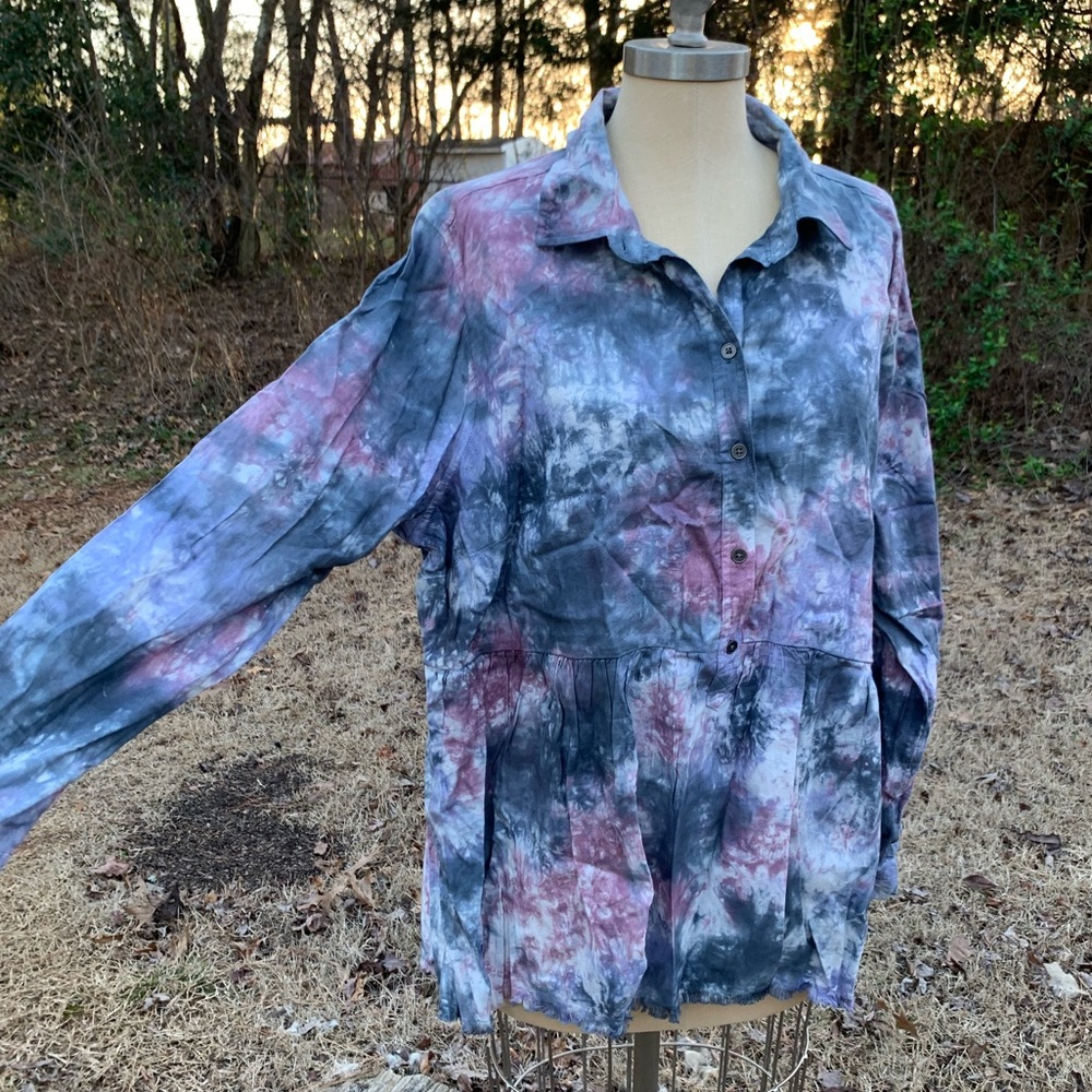 Tie Dye Ruffle Half Button-Up - Picture 6 of 16